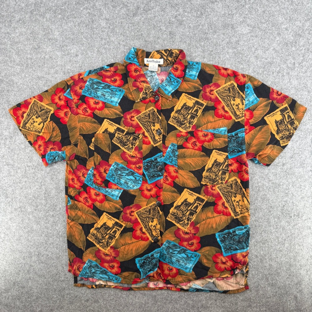 Vintage Floral Stamp Print Black Rayon Ann Taylor Shirt Womens M